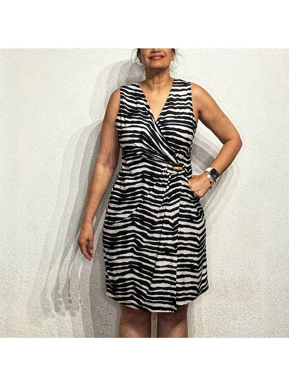 Amanda Lane Cream Zebra Print Faux Wrap Vintage Midi Dress Sz L